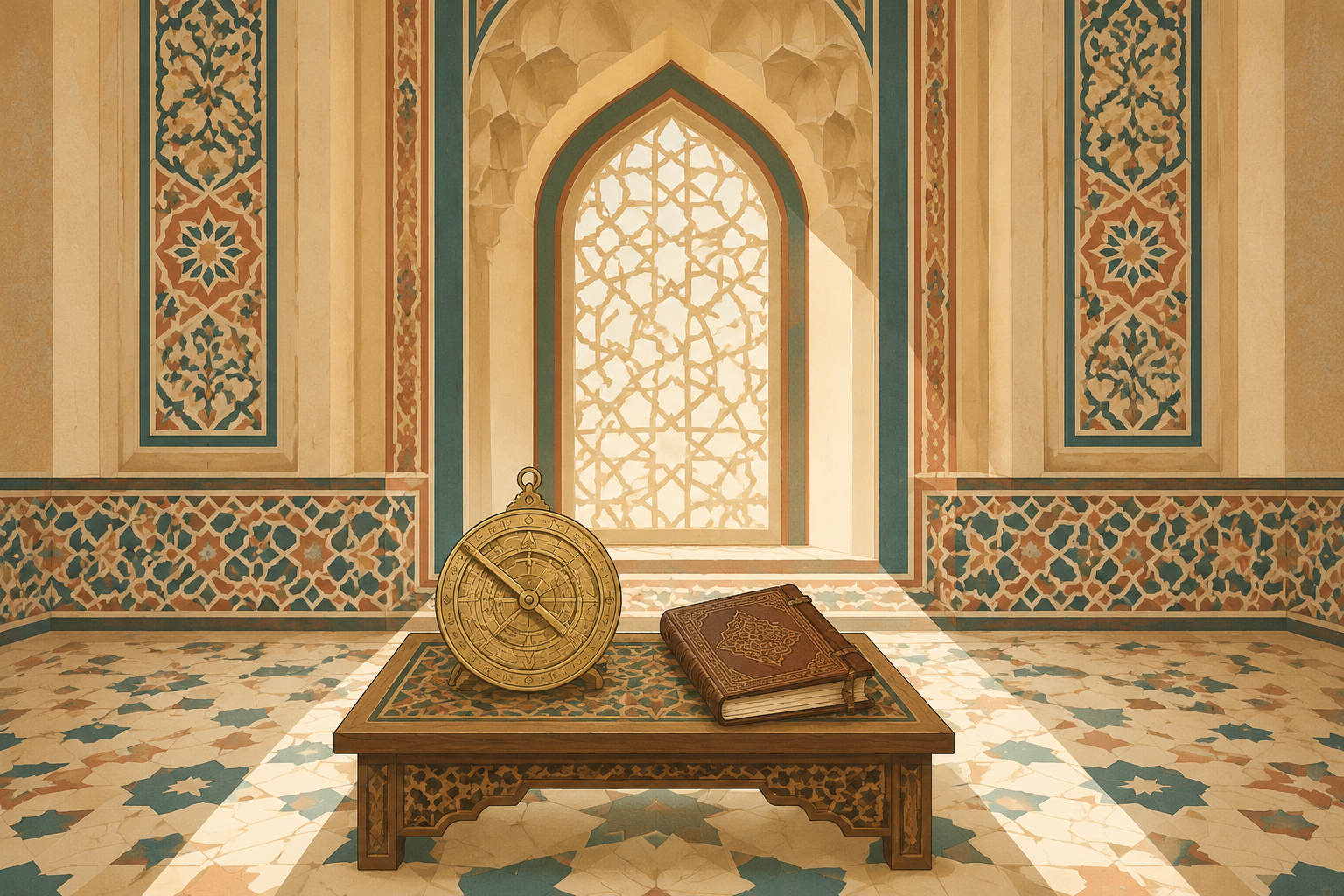 Brass astrolabe and closed leather-bound codex on a low wooden table beside an arched window