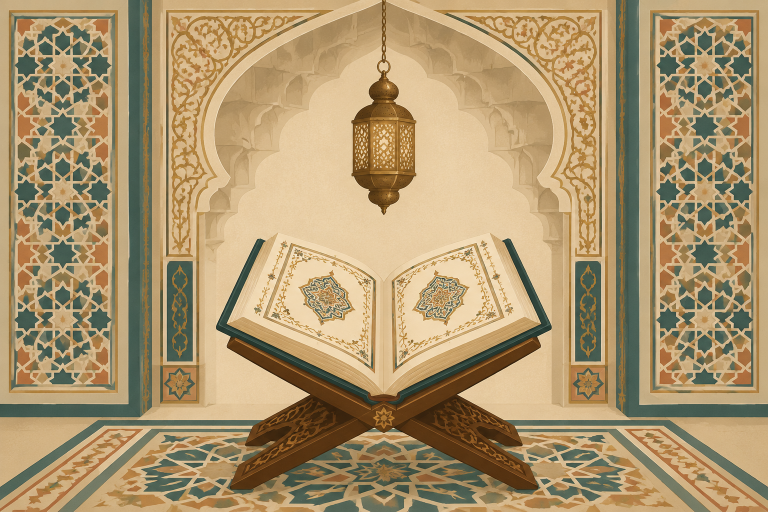 Open illuminated manuscript on a carved wooden rihal stand beneath a hanging brass lamp